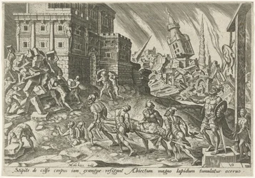 Kroppen til kongen av Ai er ført til byporten The Days of Doom of the Jewish People (serietittel)
