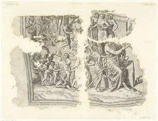 Nederste venstre hjørne av et trykk av scenen av Cebes Tabula Cebetis Carta Vitae (original tittel)