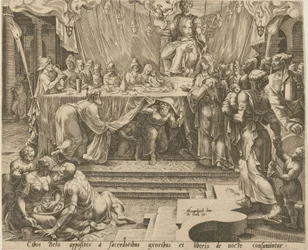 Bels prester spiser og drikker i tempelet, tavle 4, og Daniel mater dragen, tavle 7, tavle 4 og 7 fra serien «Historien om Daniel, Bel og dragen»