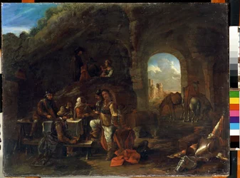 Taverna scene. Maleri av Philips Wouwerman (1619-1668). Olje på tre, 48 x 63 cm. nederlandsk skole fra 1600-tallet. Statens M. Ciurlionis kunstmuseum, Kaunas (Litauen).