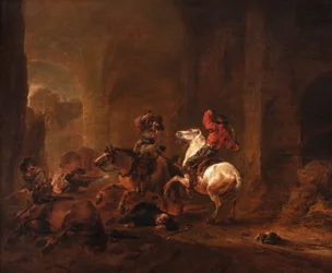 Banditter bakhold reisende på en sti blant ruiner, ca. 1635-50 (olje på panel)