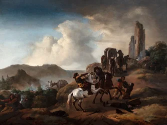 Banditter bakhold reisende på en sti i et italiensk landskap, ca. 1640-50 (olje på panel)