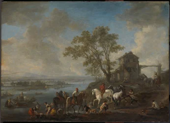 Hestedam ved en elv, ca. 1662–1663 (olje på panel)