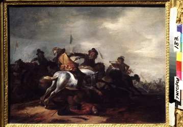 En kamp. Maleri av Philips Wouwerman (1619-1668). Olje på tre, 31 x 41 cm. Flamsk kunst, barokkkunst. Regionalt kunstmuseum, Uzhgorod (Ukraina).