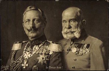 Ak Kaiser Wilhelm II av Preussen med keiser Franz Josef I av Østerrike, lojalitet (s/h-bilde)