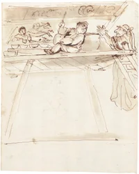 En karikatur av Pier Francesco Mola som avbryter Giovanni Battista Passeri som maler en takdekorasjon av en liggende Venus