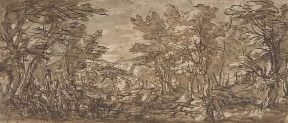 Skogsscene, et stopp til venstre, en jakt i sentrum, 1612-66.
