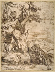 St Hieronymus leser i villmarken, etter Titian (ca. 1488-1576) (rørpenn og brunt blekk med brun vask på kremfarget papir)