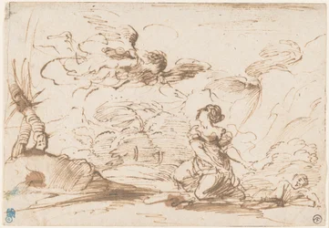 Engelen som viser seg for Hagar og Ismael i ødemarken, ca. 1645 (penn og brunt blekk med brun vask på liggende papir)