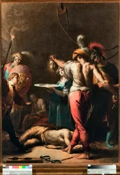 Dekollasjonen til døperen Johannes (halshugging av døperen Johannes) Helgenens hode er plassert på et platå - Maleri av Pier Francesco Mazzuchelli dit il Morazzone (1573-1626) Musei di Strada Nuova Genes (inv n PB 2813)
