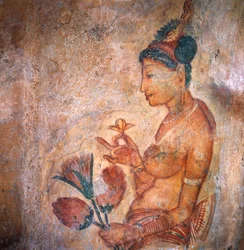 Apsaras, himmelsk nymfe som tilbyr blomster, freskomaleri, befestet citadell av Sigiriya (UNESCOs verdensarvliste