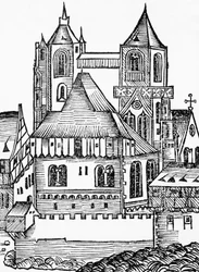 Montecassino Abbey, tysk tresnitt, fra Nuremberg Chronicle (Liber Chronicarum) av Hartmann Schedel