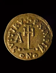 Solidus av prins Arechi, verso, lombardiske mynter, 8. århundre