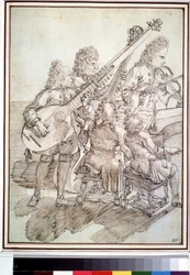""Konserten"" Karikatur som representerer en konsert med fem musikere (kvintett) på lutt, fiolin, piano, cello. Penn- og blekktegning av Pier Leone Ghezzi (1674-1755) Pushkin-museet fra 1700-tallet, Moskva