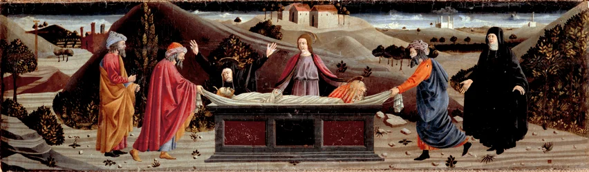 Polyptych of the Misericordia: rundt Jesu Kristi kropp: Saint John, the Jomfru Maria, Saint Mary Magdalena, Saint Joseph of Arimathia og Saint Nicodema