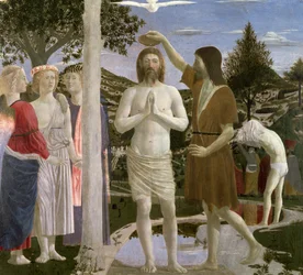 Kristi dåp, detalj av Kristus, Johannes Døperen og engler, 1450