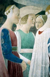 Detalj fra The Legend of the True Cross som viser tilbedelse av tre og møte mellom dronning av Saba og kong Salomo, av Piero della Francesca