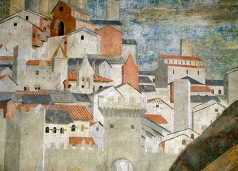 Detalj av dronningen av Saba som tilber broen laget av det sanne kors tre, Jerusalem, fullført 1464 freskomaleri av 55432