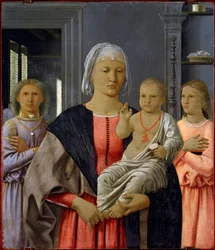 Madonnaen fra Senigallia eller «Madonna med barnet og to engler». Maleri av Piero della Francesca (1419/21-1492), 1480. Mål: 52 x 58 cm. Urbino (Urbin), Galleria Nazionale delle Marche.
