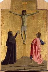 Polyptic of Misericorde: Jomfruen av Misericorde, omgitt av helgener. Detalj som viser korsfestelsen med inskripsjonen "" INRI"" på korset Tremaleri av Piero della Francesca (1415/20-1492) 1445-1460 Dim. 81x52,5 cm Sansepolcro, Pinacoteca C