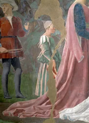 Legenden om det sanne kors, dronningen av Saba som tilber korsskogen, detalj av en ledsager, fullført freskomaleri fra 1464