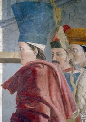 The Legend of the True Cross, the Verification of the True Cross, detalj av tre mannlige ledsagere, fullført 1464 fresco