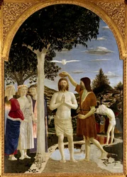 Kristi dåp. Johannes Døperen døper Jesus, mens en annen mann bak ham også forbereder seg på dåpen. Den hellige ånd over Kristus i form av duen og disiplene til venstre ser på scenen. Freske av Piero della Francesca (1410/1420-).