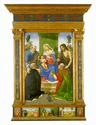 Madonna og barn på trone med de hellige Peter, døperen Johannes, Dominic og Nikolaus av Bari, ca. 1481–85 (tempera og olje på panel)