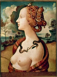 Portrett av kvinne sagt om Simonetta Vespucci Detrempe på tre av Piero di Lorenzo dit Piero di Cosimo (1462-1521) 1480 Søn.0.57 X 0.42 m Chantilly, Musee Conde