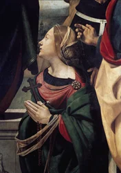 Saint Margarita av Antiokia, detalj av Immaculee-unnfangelsen omgitt av 6 hellige. (Olje på lerret, ca. 1505)