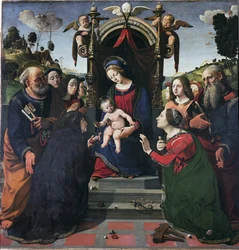 Jomfru og barn på tronen omgitt av helgener (olje og tempera på panel, ca. 1493)