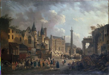 Tivoliforestilling ved et imaginært veikryss i Paris, ca. 1770 (olje på lerret)