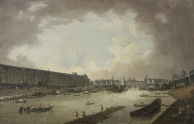Grande Galerie, Pont-Neuf og Île de la Cité, sett fra Pont Royal, ca. 1775 (olje på lerret)