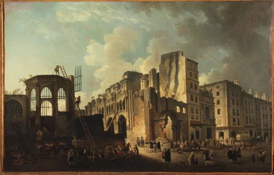 Rivingen av De hellige uskyldiges kirke, rue Saint-Denis, cirka 1787 (olje på lerret)