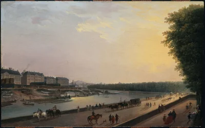 Seinen ved Grenouillère, utsikt fra terrassen ved vannkanten på Tuileriene, ca. 1777 (olje på tre)