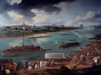 Utsikt over Paris, tatt fra Quai de la Rapee i 1716 Detalj av båtene på Seinen. Maleri av Pierre Denis Martin