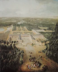 Utsikt over Grand Trianon nær avenyen Engelsk: «Ludvig XV som ung mann på ridetur nær Grand Trianon-palasset» Fransk: Ludvig XV som ung mann på ridetur nær Grand Trianon-palasset