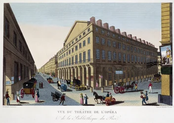 Utsikt over operaen (Comédie Française) og kongens bibliotek - i "" Vues de Paris"" av Courvoisier
