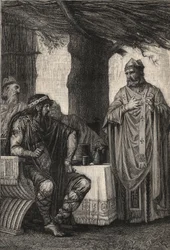 Den hellige Gregor av Tours (538–594) (Gregor av Tours) mot Chilperik I (539–584), frankkonge av det merovingiske dynastiet – gravering av Pierre Fritel (1853–1942)