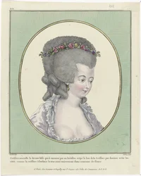 Frisyrer, puffer, hatter og panser: Elleve frisyrer og hodeplagg Gallery of French Fashions and Costumes, 1781, oo 218: New Coëffure foran (...)