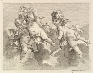 Tre kjærligheter, den ene holder et kogger, den andre, druer, 1727-60.