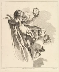 Tre amoriner, hvorav den ene har en krone, fra den fjerde boken om barnegrupper, 1700-tallet.