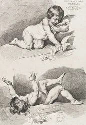 To nakne barn som leker med et blad, fra Ny bok om barn, 1720-60