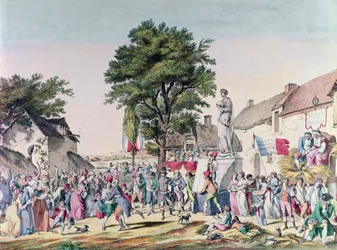 Landsbyfestival til ære for alderdommen på tidspunktet for den franske revolusjonen, 1795 (fargegravering)