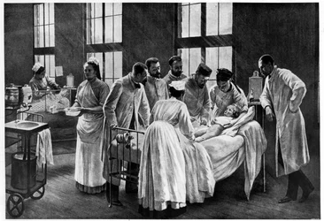 Le Croup à l'hopital Trousseau, av Andre Brouillet - The Croup Cured by Doctor Roux, gravert av E. Buval (color litho), Brouillet, Pierre Andre (1857-c.1920) (etter) / Musee de la Ville de Paris , Musee Carnavalet, Paris, Frankrike