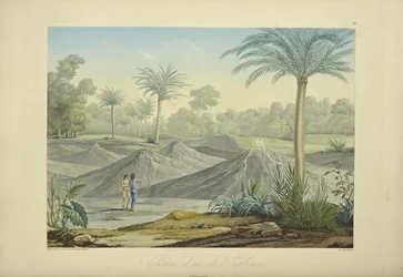 Air Volcanoes of Turbaco, gravert av Bouquet, illustrasjon fra 'Views of the Cordilleras and Monuments of the Native Peoples of America' av Alexander von Humboldt og Aime Bonpland
