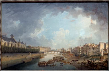 Buen, broen til Tournelle og Quai Saint Bernard sett fra hotel dieu. Utsikt over Paris. Maleri av Pierre Demachy (1723-1807)
