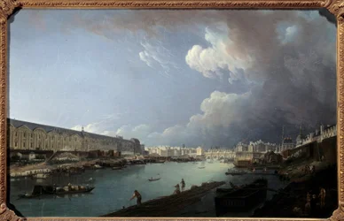 Utsikt over Louvre og Ile de la Cite tatt fra Pont Royal-maleriet av Pierre Demachy (1723-1807) 1778 Søn. 0,49x0,77m.