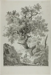 Kunstner i et steinete landskap