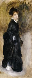 En ung kvinne, full lengde, holder opp skjørtet, 1877